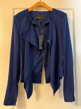 BCBGMaxAzria Navy Draped Zip-Front Jacket “Flora”